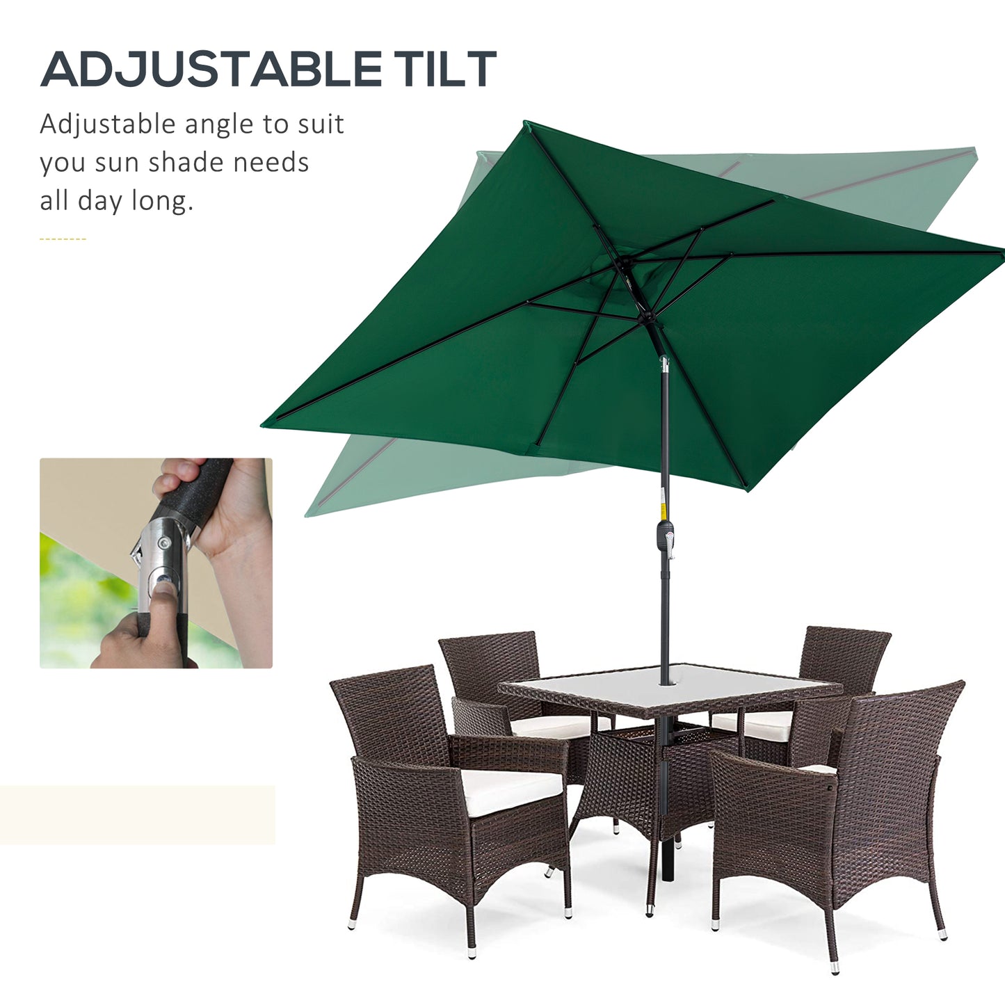 Outsunny 3x2m Patio Parasol ogrodowy Baldachim z aluminiową korbą odchylaną Prostokątny osłona przeciwsłoneczna Stal, zielony