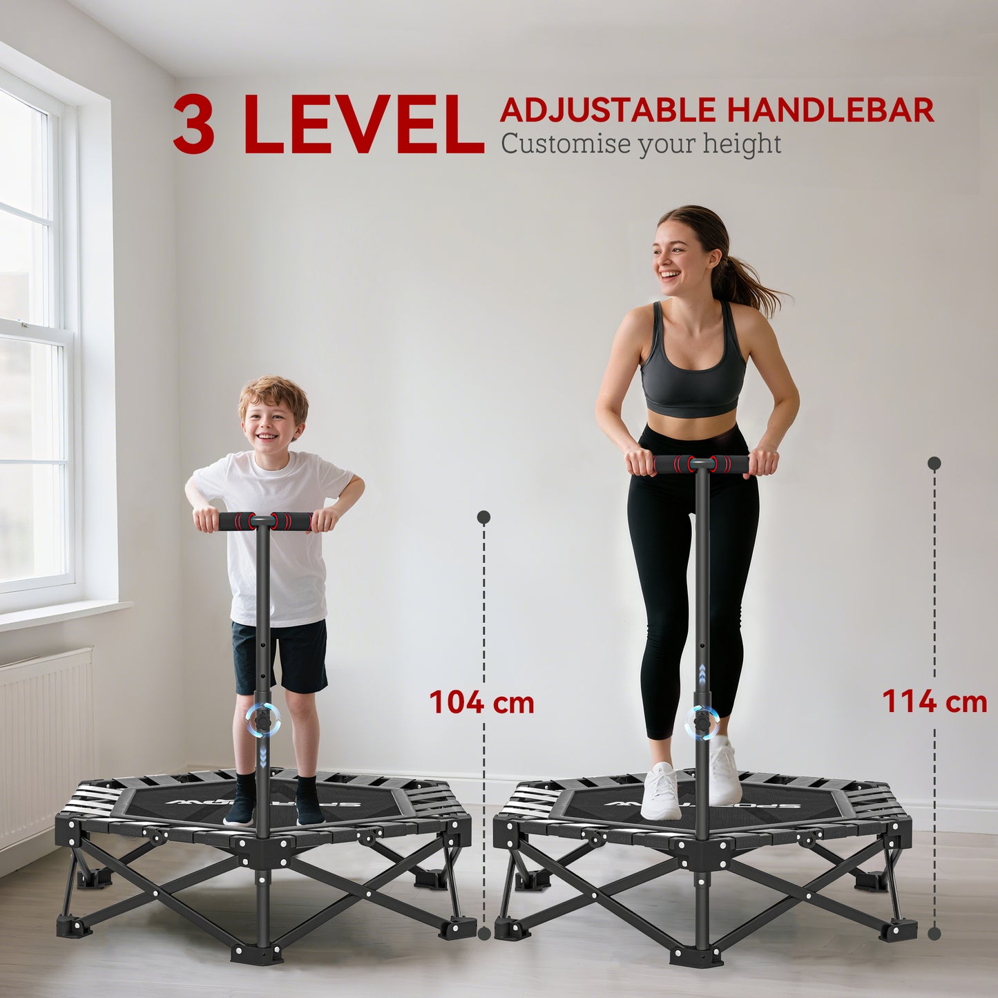 SPORTNOW 42" Foldable Mini Trampoline, One-Step Fold & Open, Rebounder Trampoline with 3-Level Adjustable Handle for Adults