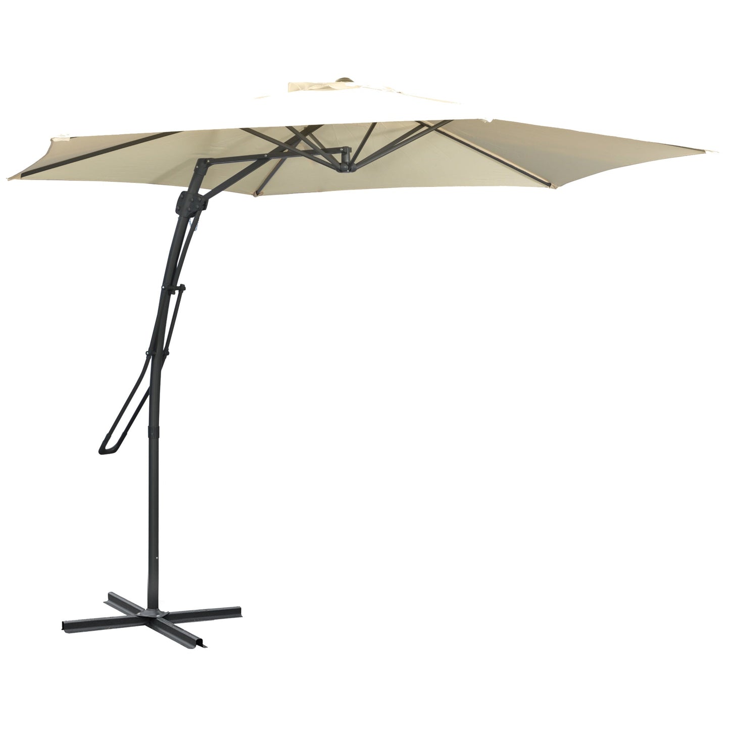 Parasol ogrodowy Outsunny 3 m z wysięgnikiem i łatwą dźwignią, z korbą, podstawą krzyżową i 6 metalowymi żebrami, markizy przeciwsłoneczne do ogrodu, białe