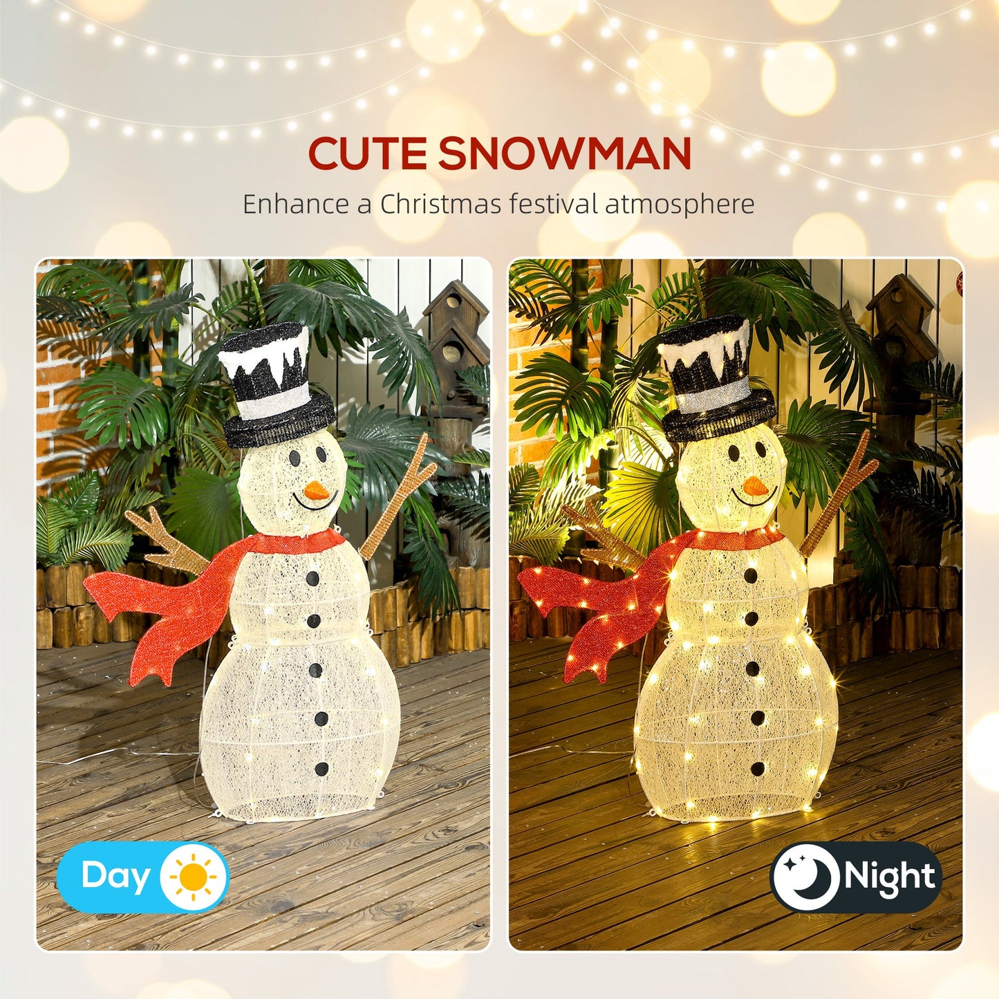 Outsunny 3FT Lighted Christmas Snowman, Waterproof Light up Yard Xmas Decor with 78 Warm-White LED Lights for Indoor Outdoor Garden, White
