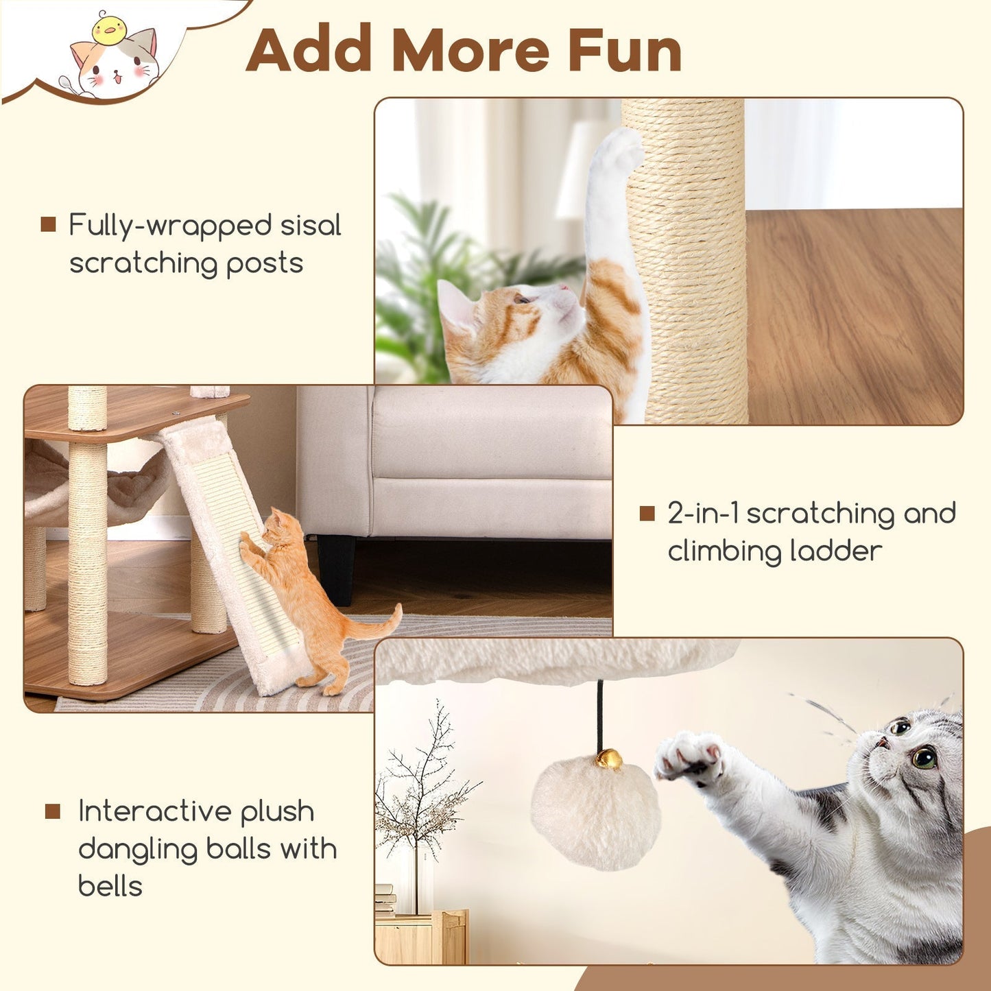 168cm Wooden Scratching Post with Cave & Ladder & Mats & Balls & Hammock Cat Scratching Post