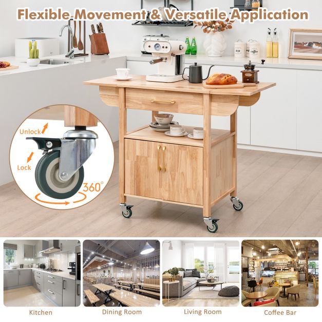 Wood Drop-Leaf Kitchen Cart with Drawer Open Shelf Locking Casters-Natural