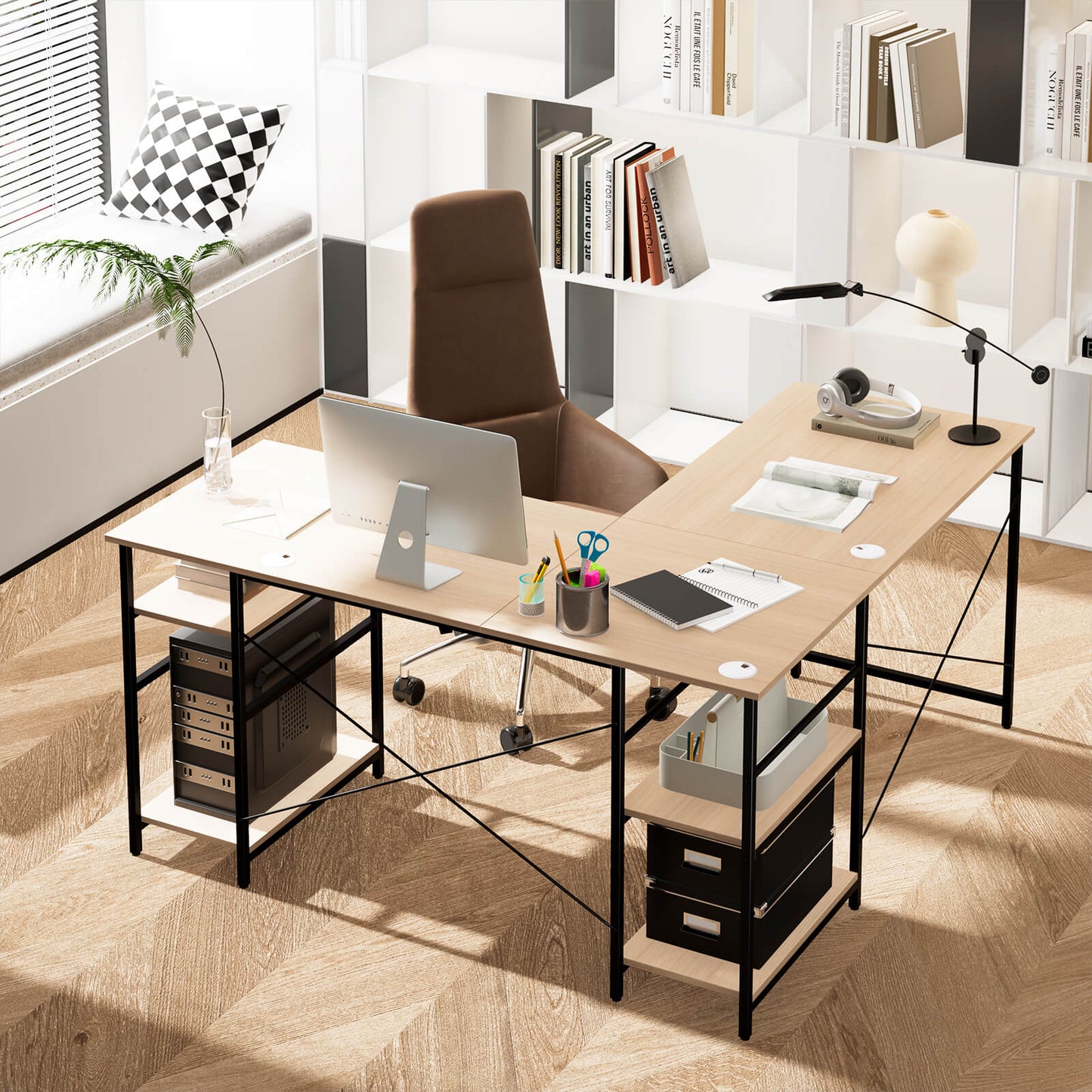 Wooden Industrial L-Shaped Desk with Storage Shelves-Natural
