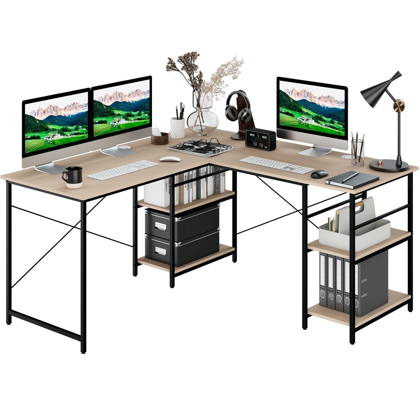 Wooden Industrial L-Shaped Desk with Storage Shelves-Natural