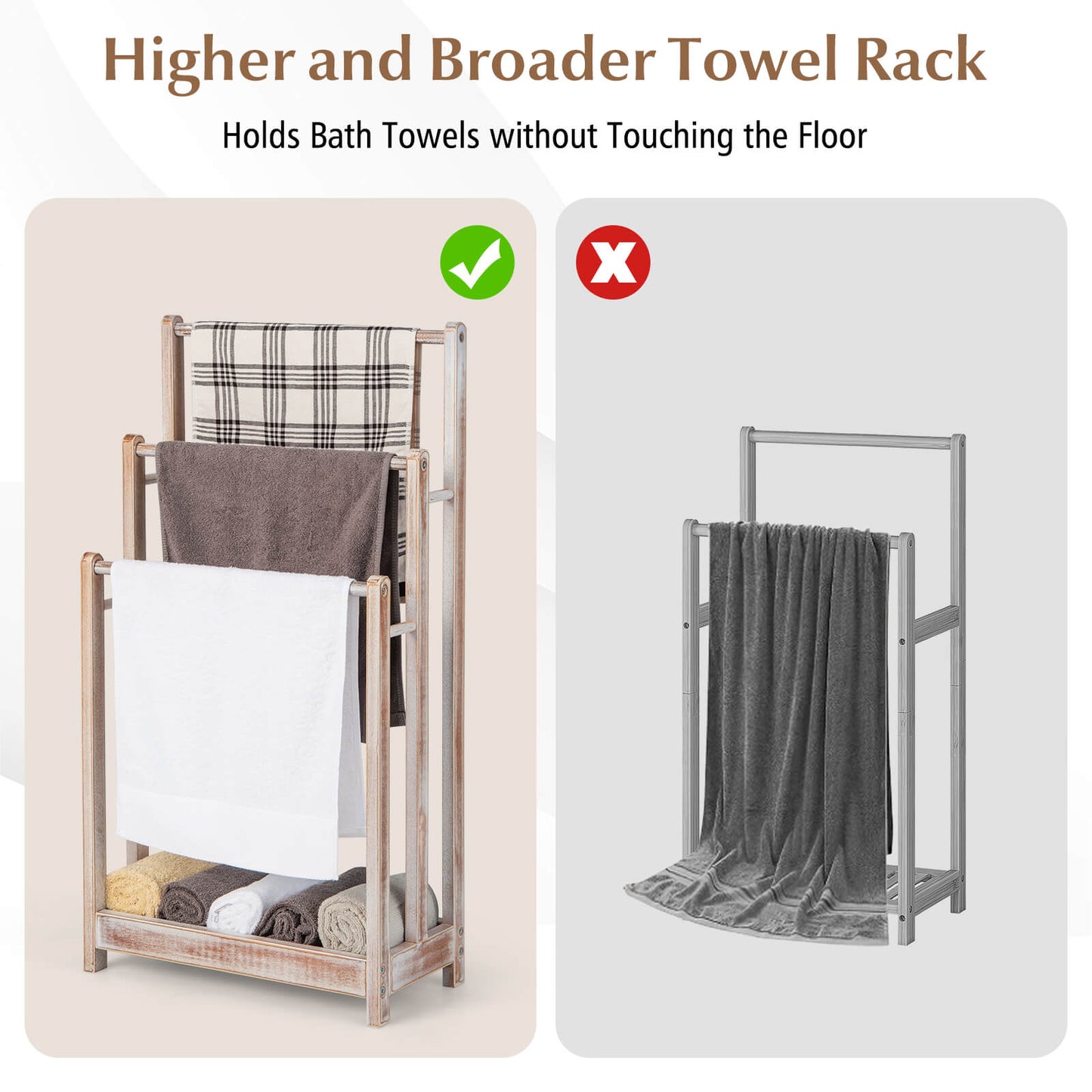 Freestanding Wood Towel Rack with 3 Individual Bars and Bottom Storage Shelf-White