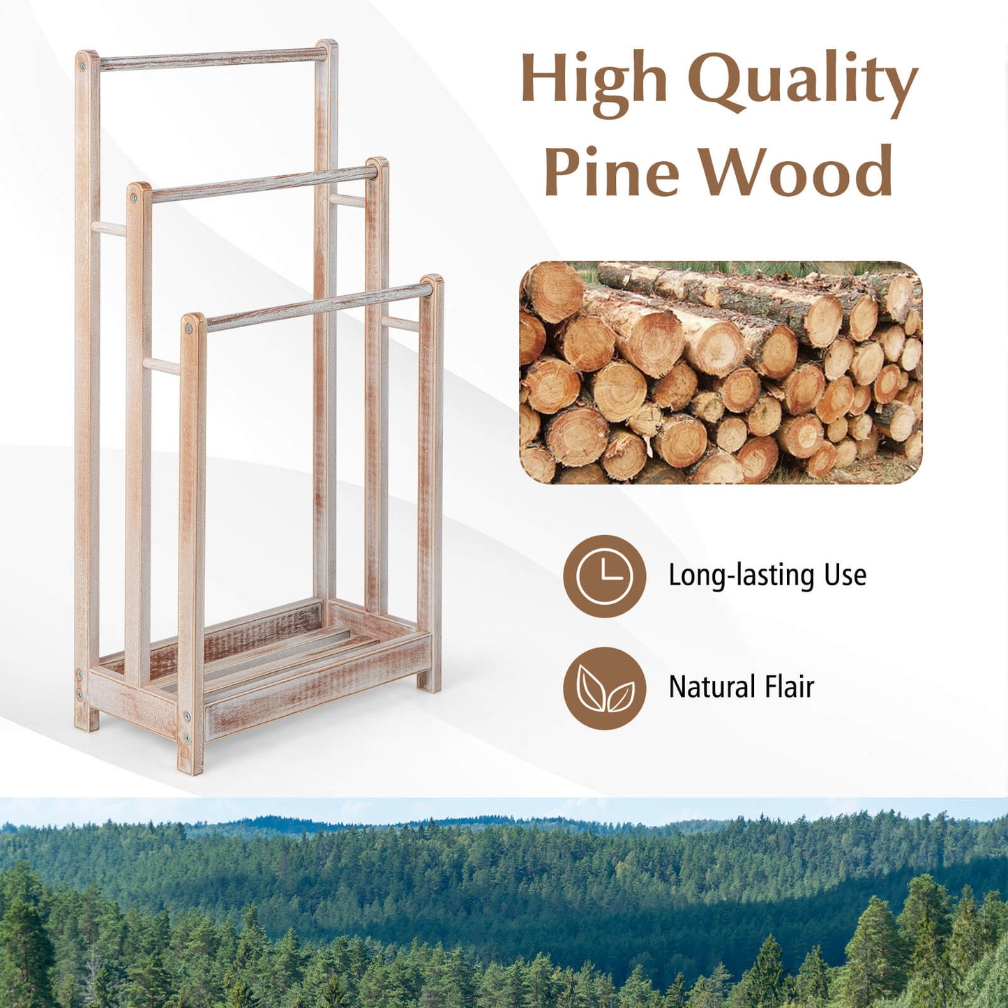 Freestanding Wood Towel Rack with 3 Individual Bars and Bottom Storage Shelf-White