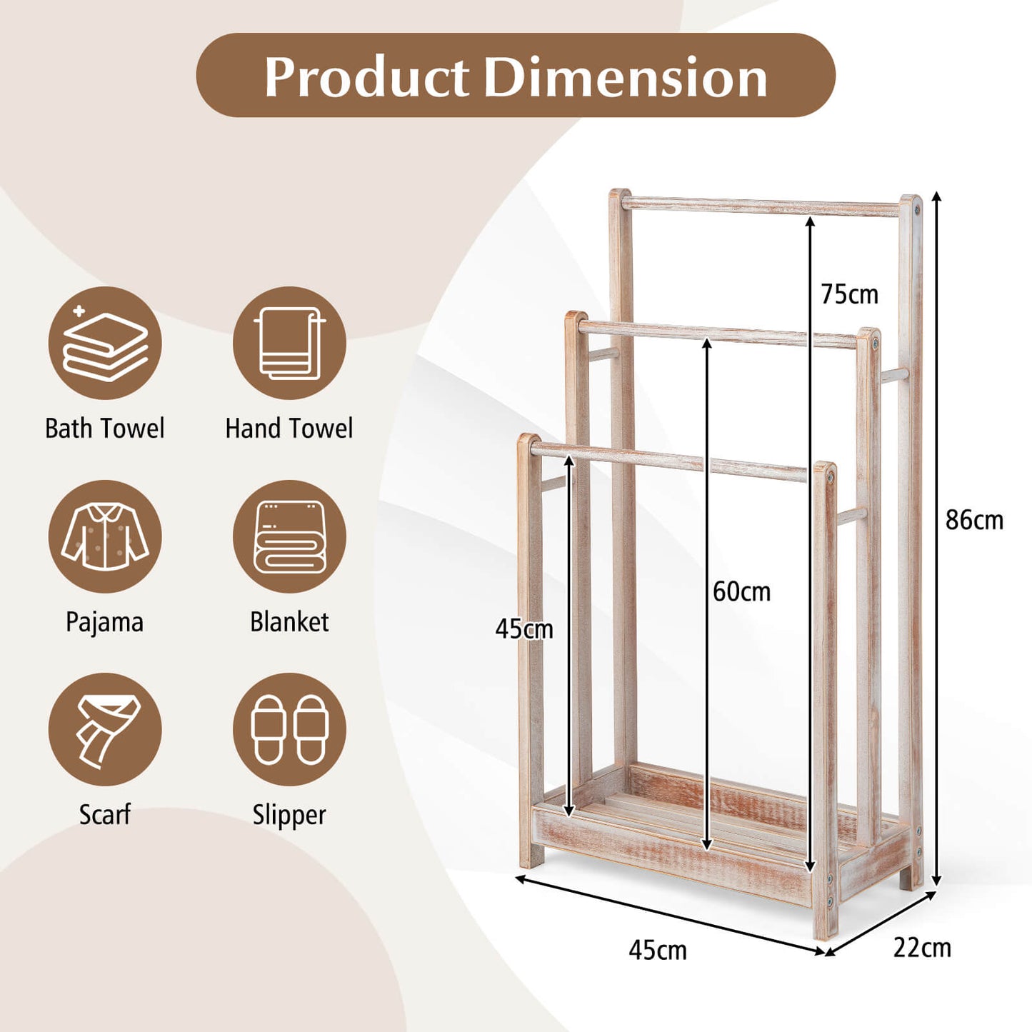 Freestanding Wood Towel Rack with 3 Individual Bars and Bottom Storage Shelf-White