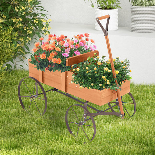 Wood Wagon Flower Planter with Wheels and 2 Planting Sections-Orange