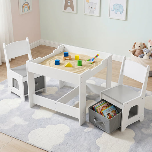 Wooden Activity Table with 2 Seats and Detachable Dual-Sided Tabletop-Grey