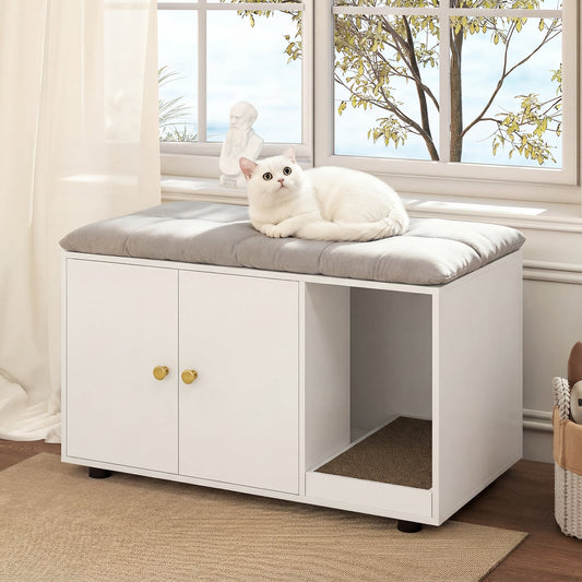 Wooden Cat Litter Box Enclosure Hidden Litter Box Furniture with Scratching Board-White