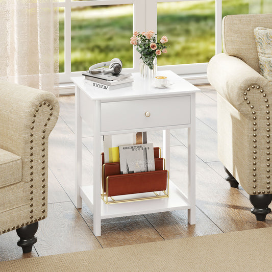 Wooden Nightstand with Drawer and Storage Shelf-White