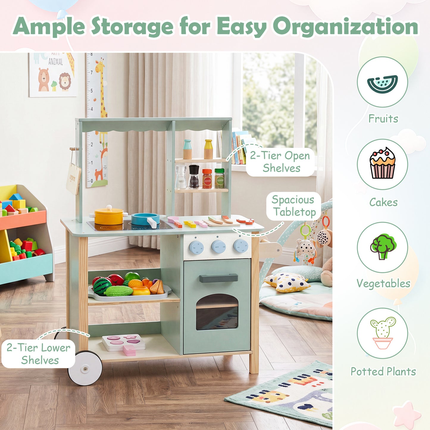 Wooden Play Kitchen with Cookware Accessories for Children 3+
