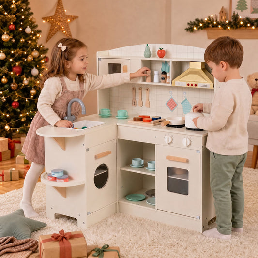 Wooden Play Kitchen with Lights and Sounds for Toddlers Ages 3+-White