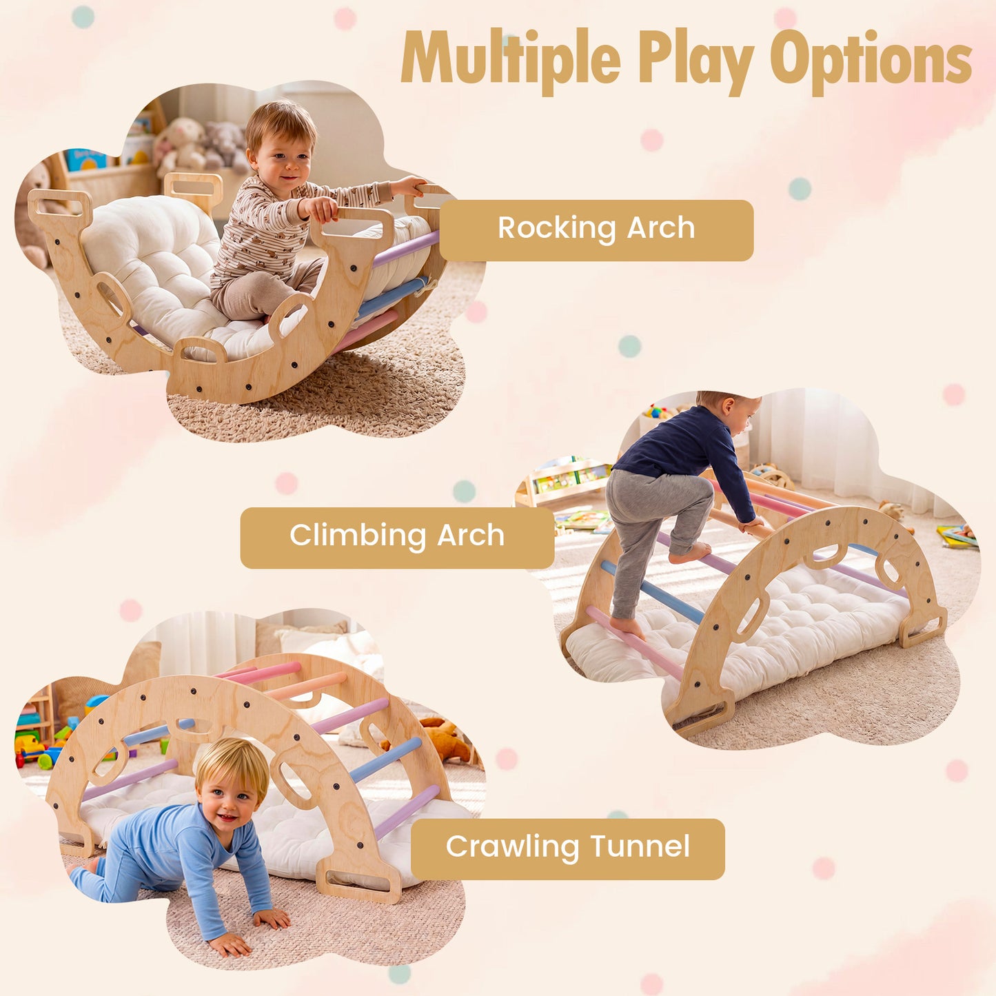 Wooden Rocking Climbing Arch with Cushion 3-in-1 Montessori Kids Climber Rocker-Colorful