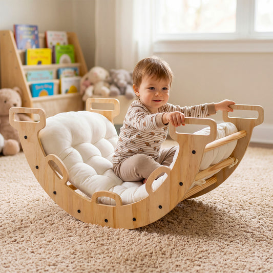 Wooden Rocking Climbing Arch with Cushion 3-in-1 Montessori Kids Climber Rocker-Natural