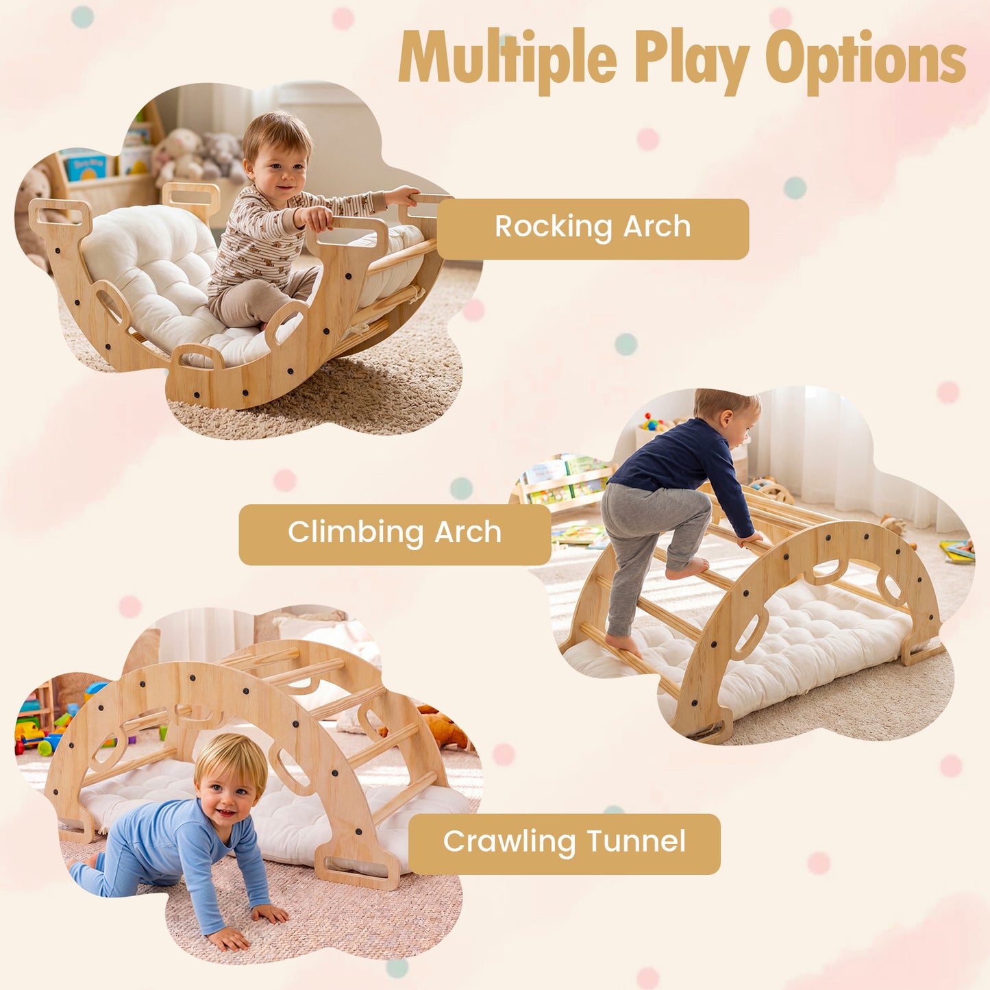 Wooden Rocking Climbing Arch with Cushion 3-in-1 Montessori Kids Climber Rocker-Natural