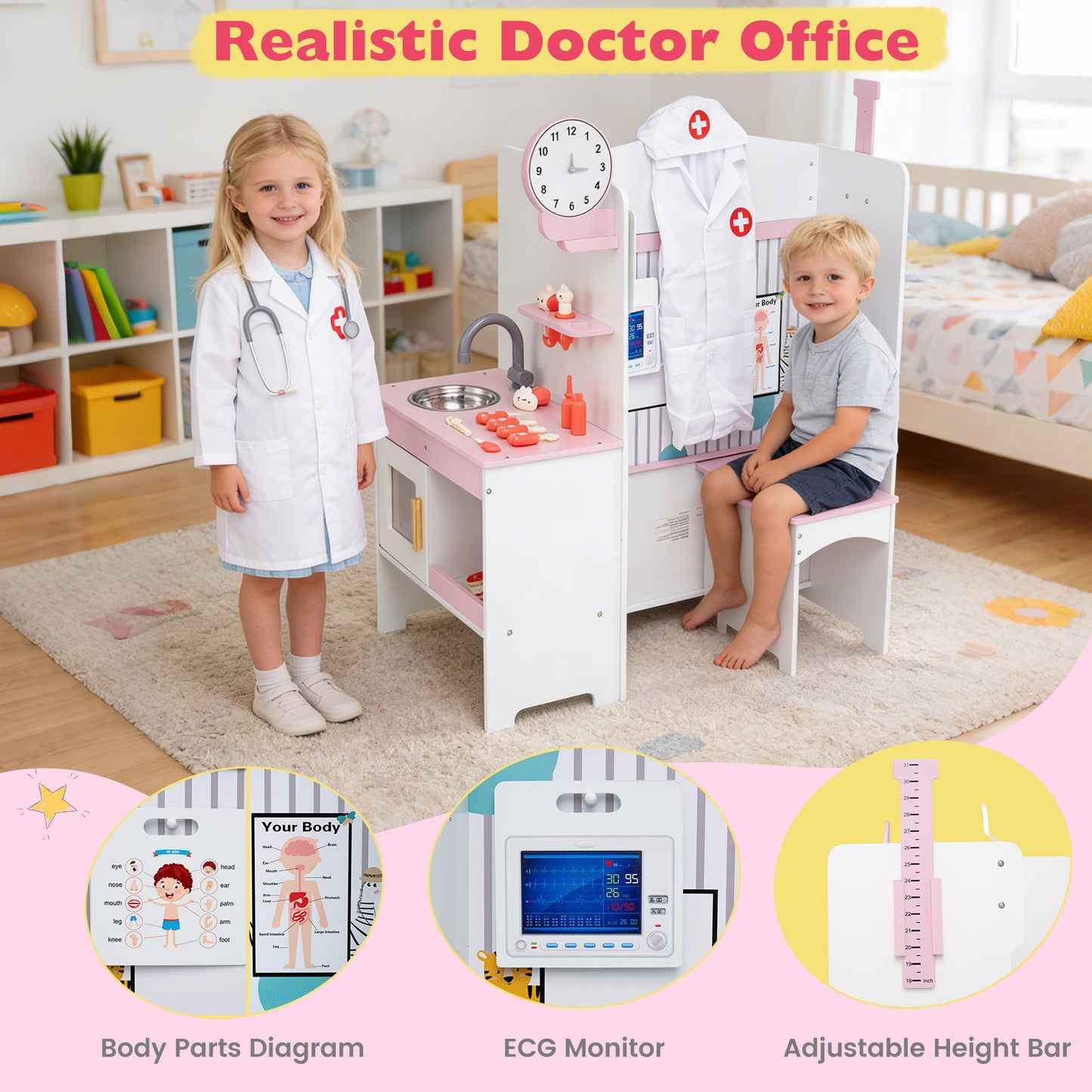 Wooden Toy Medical Center Playset with Faucet and ECG Monitor for Aged 3-6-Pink