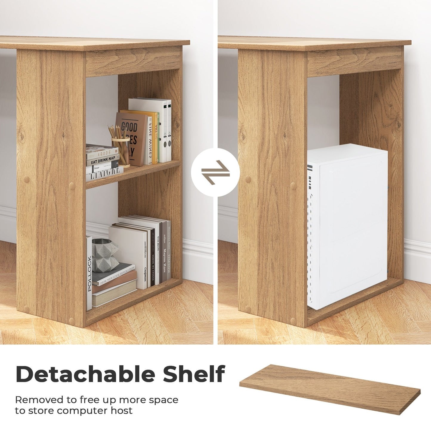 Modern 3-in-1 Wooden Computer Desk with 6-Tier Storage Bookshelves-Natural