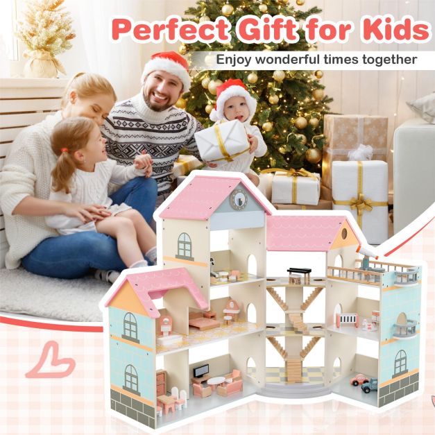 Wooden Corner Dollhouse Playset Pink Roof Doll House-Pink