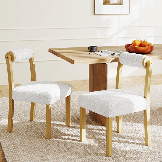 Wooden Dining Chair Set of 2 Faux Sherpa Upholstered Kitchen Chairs-White