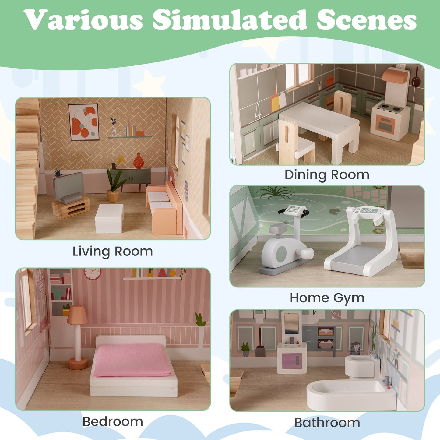 Wooden Dollhouse with Furniture and Accessories for Kids-Pink