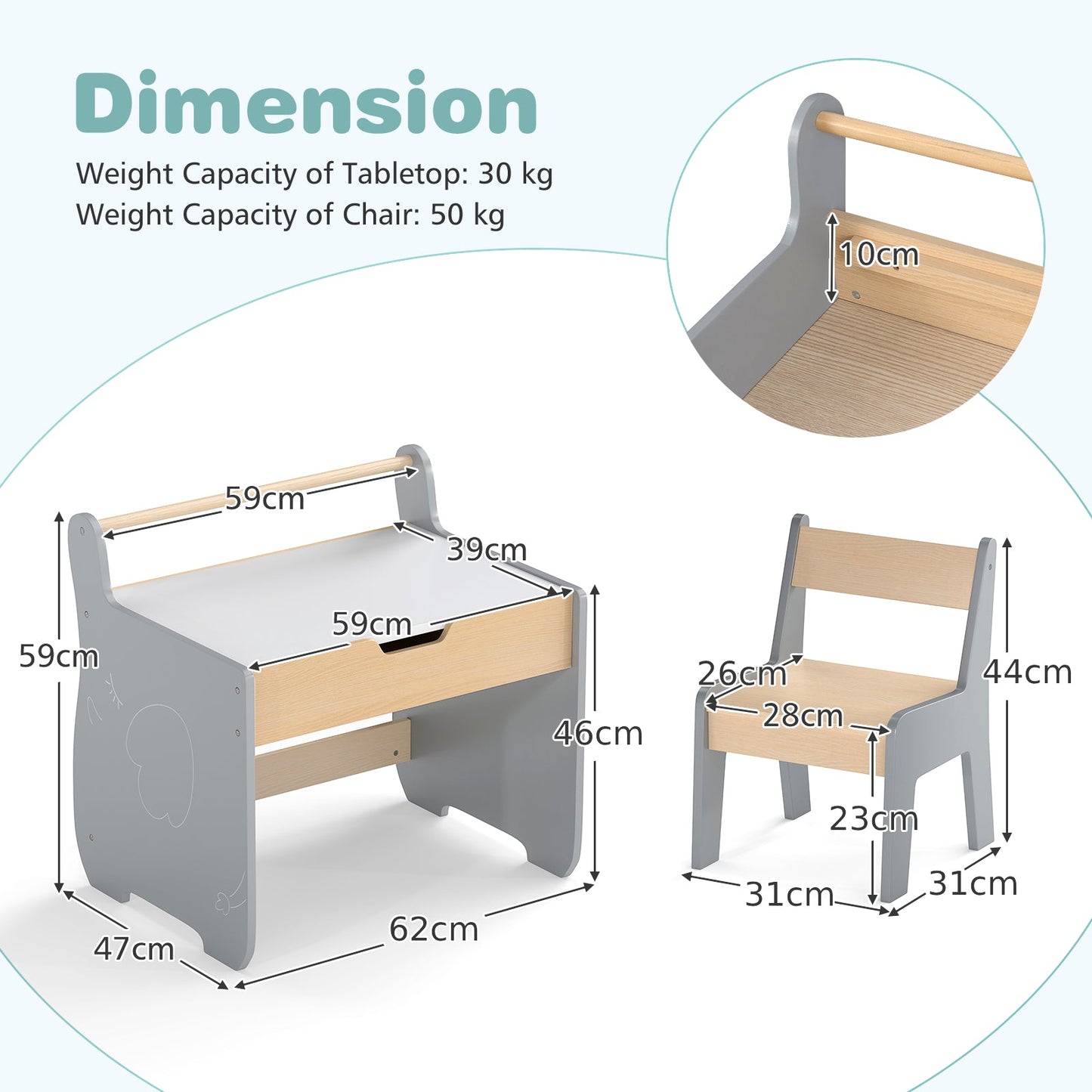 Wooden Kids Activity Table and Chair Set with 2 in 1 Detachable Tabletop-Grey