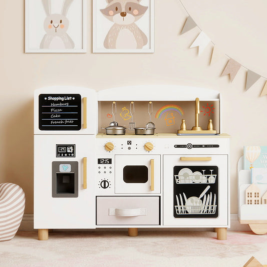Wooden Kids Play Kitchen with Ice Maker and Fabric Drawer-White