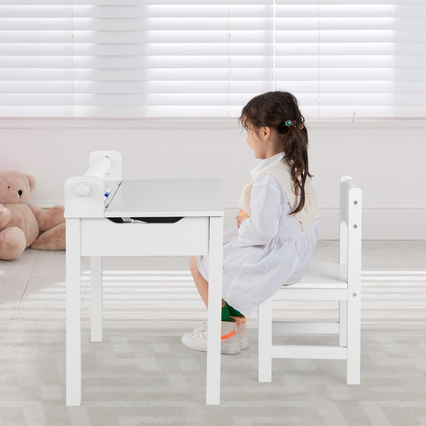 Toddler Activity Table Chair Set with Paper Roll Holder for Drawing, Studying