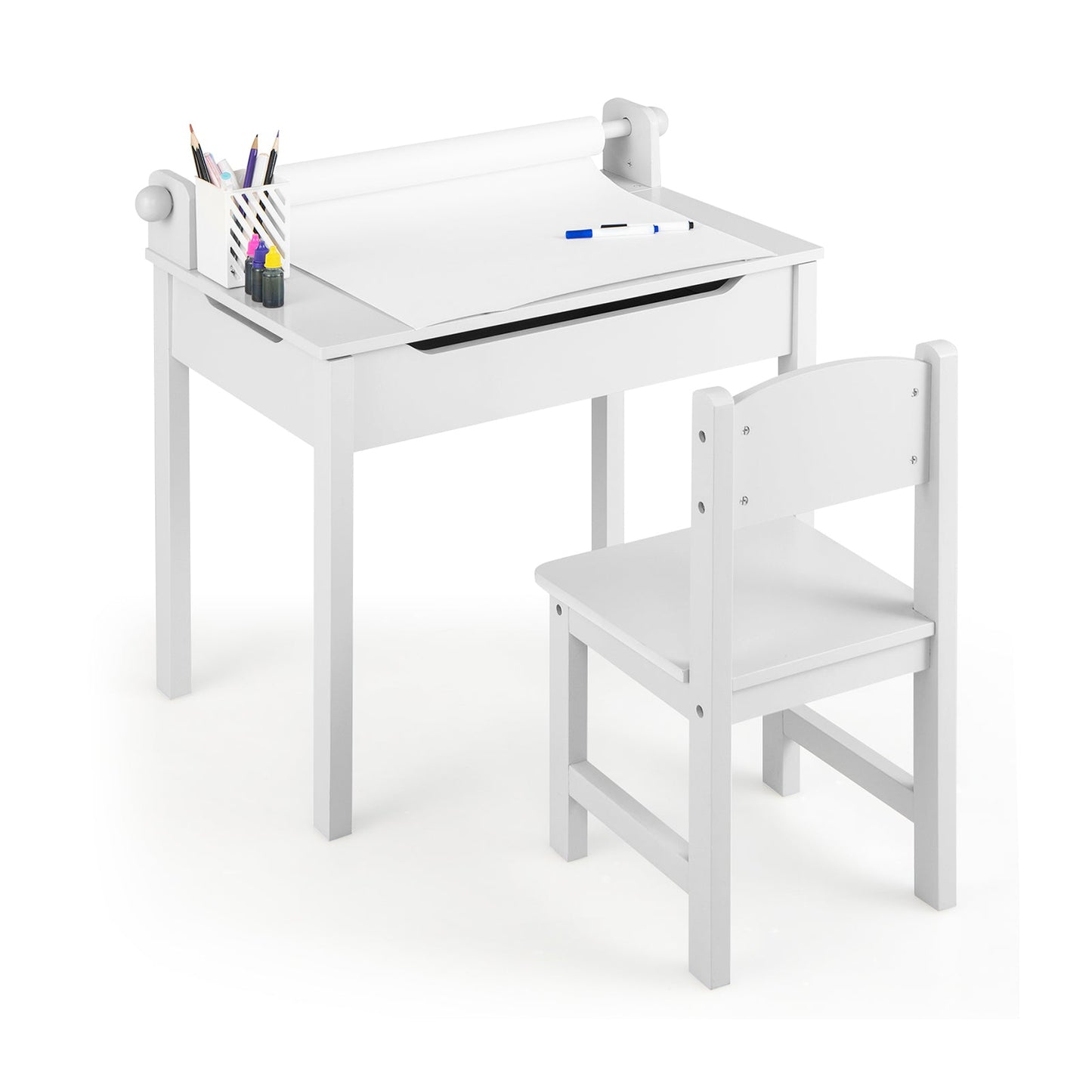 Toddler Activity Table Chair Set with Paper Roll Holder for Drawing, Studying