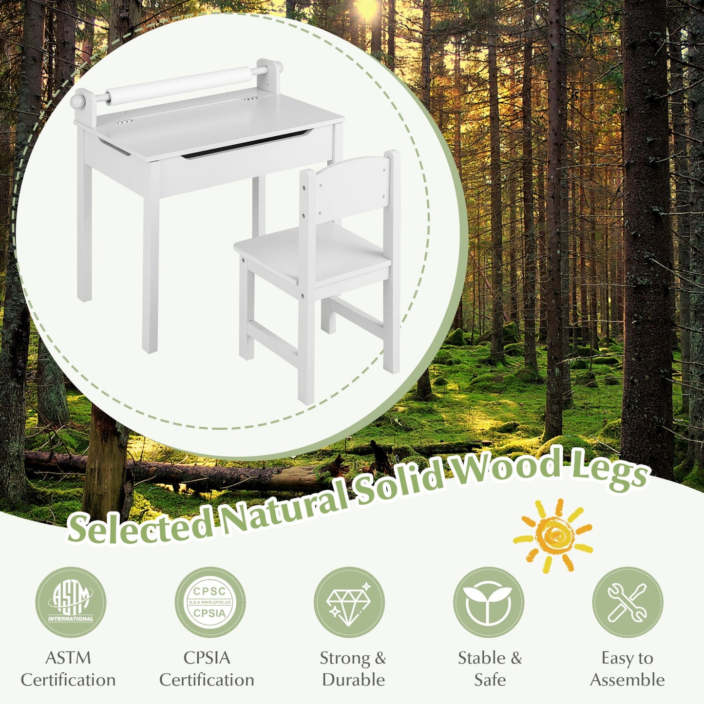 Toddler Activity Table Chair Set with Paper Roll Holder for Drawing, Studying