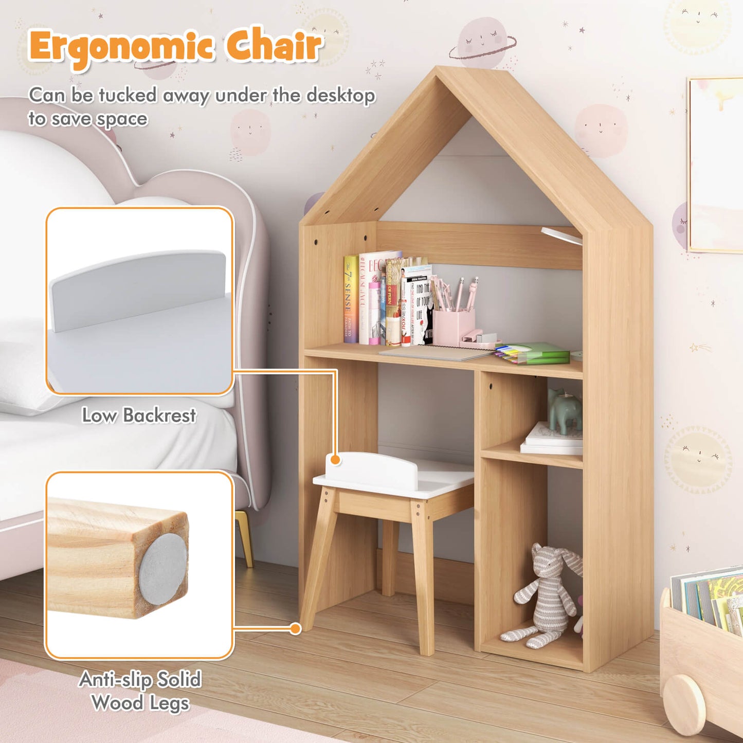 Wooden Kids Table and Chair Set House-Shaped with Blackboard-White