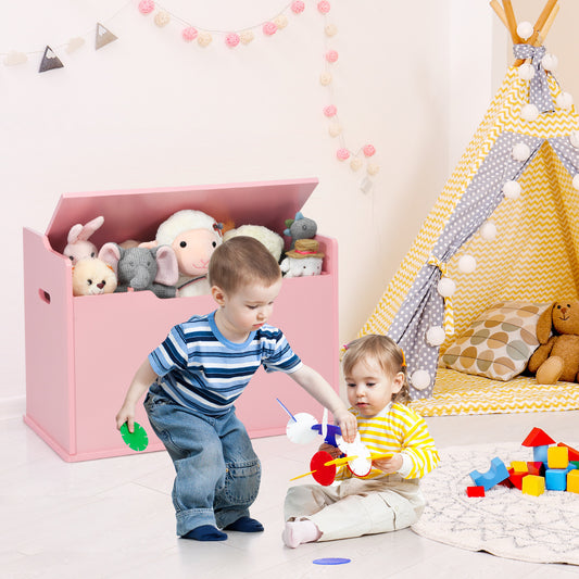 Wooden Kids Toy Box and Bench with Cushion and Handles-Pink