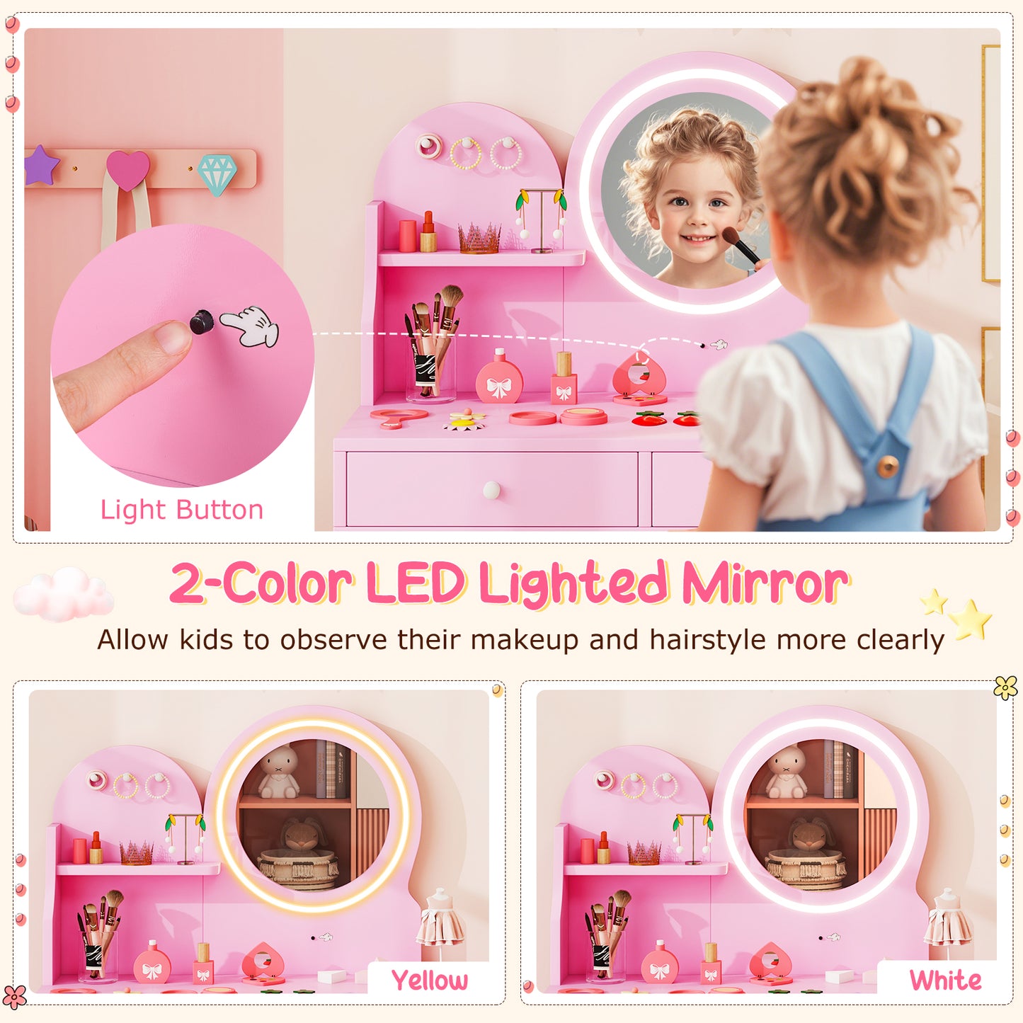 Wooden Kids Vanity Set with Lighted Mirror, Hooks and Storage Drawers-Pink