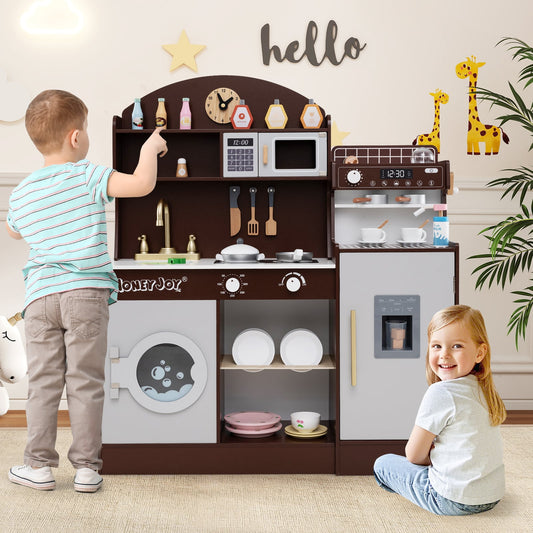 Wooden Kitchen Playset with Clock and Microwave-Brown