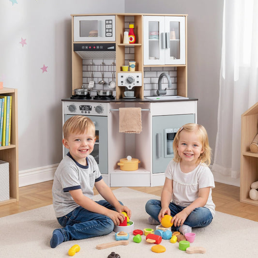 Wooden Kitchen Playset with Sound and Light for Boys Girls-Gray & White