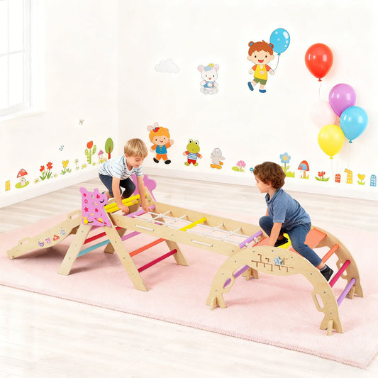 Wooden Montessori Climbing Set with Climbing Rope and Ladder-Colourful