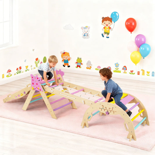 Wooden Montessori Climbing Set with Climbing Rope and Ladder-Macaron