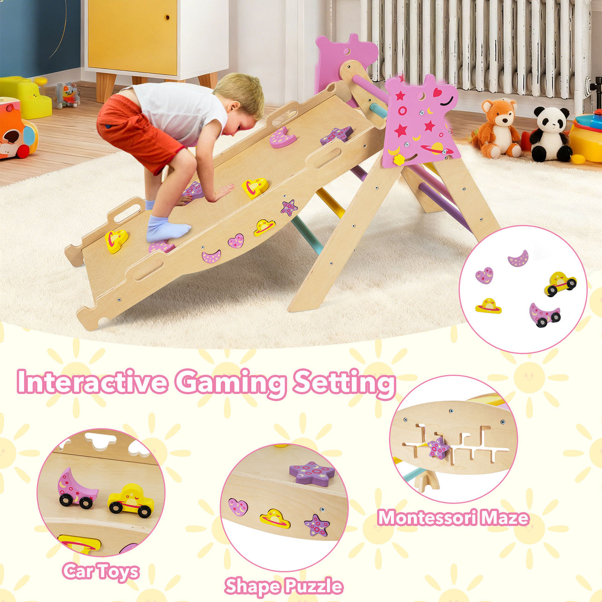 Wooden Montessori Climbing Set with Climbing Rope and Ladder-Macaron