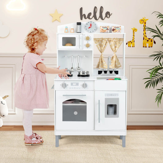 Wooden Play Kitchen for Kids with 3 Adjustable Heights with Stoves and Ice Maker-White