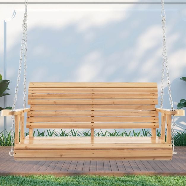2-seater swing bench made of wood, loadable up to 240 kg, garden swing with cup holders, natural