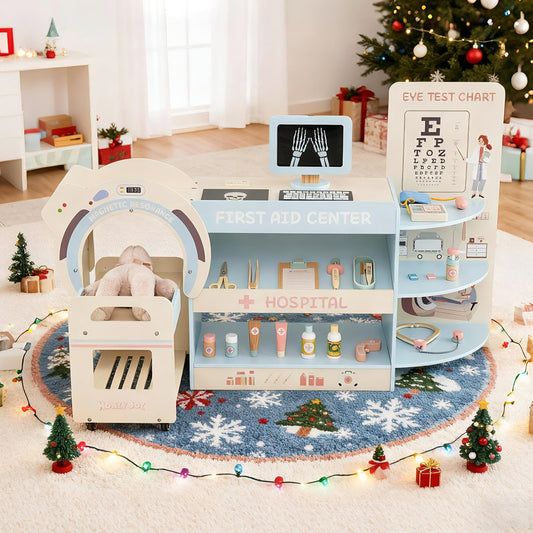 Wooden Pretend Hospital Office Kit with Eye Chart and Toy CT Machine-Blue