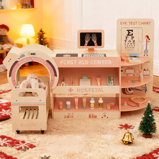 Wooden Pretend Hospital Office Kit with Eye Chart and Toy CT Machine-Pink