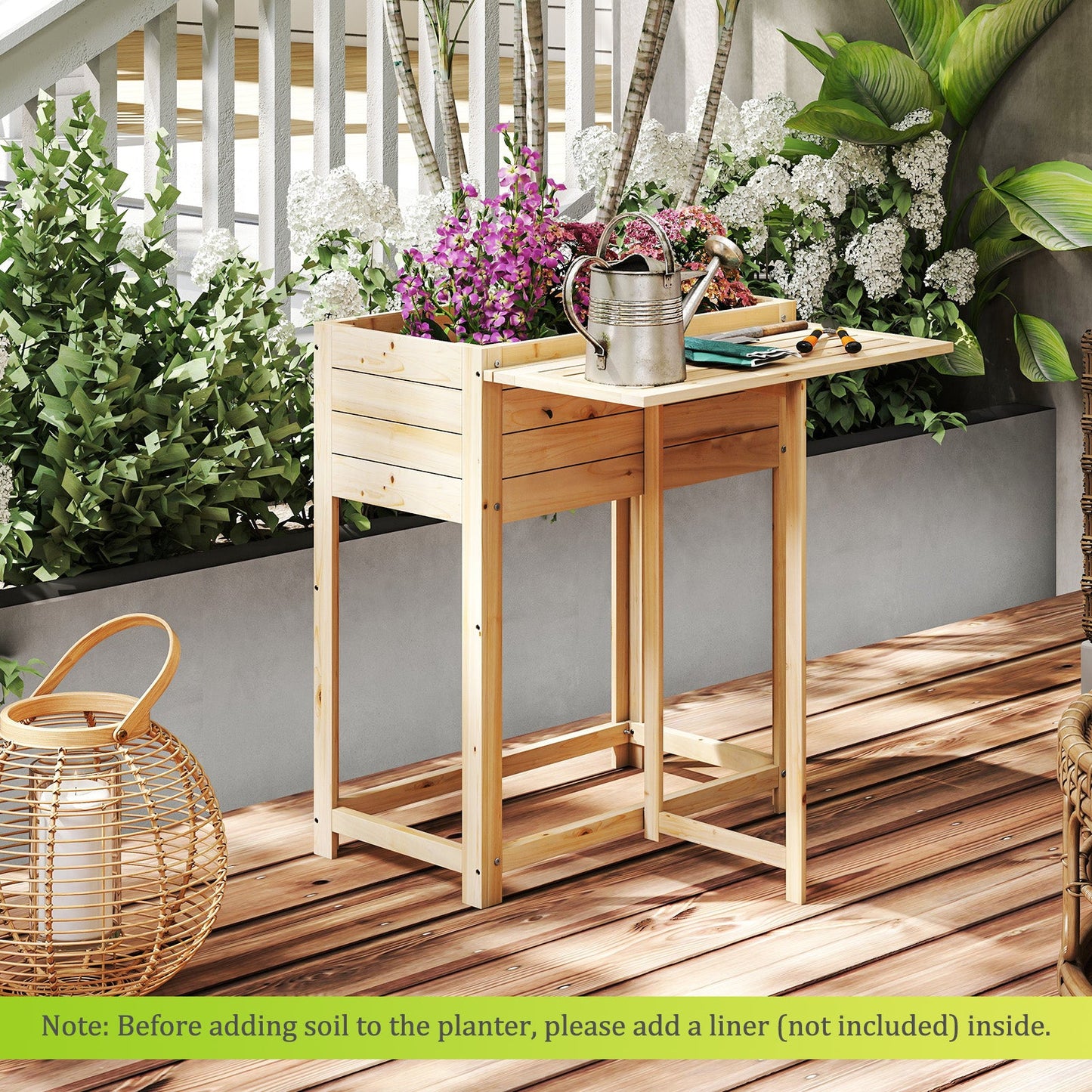 63 x 34 x 74 cm Wooden Raised Garden Bed with Legs and Foldable Side Table