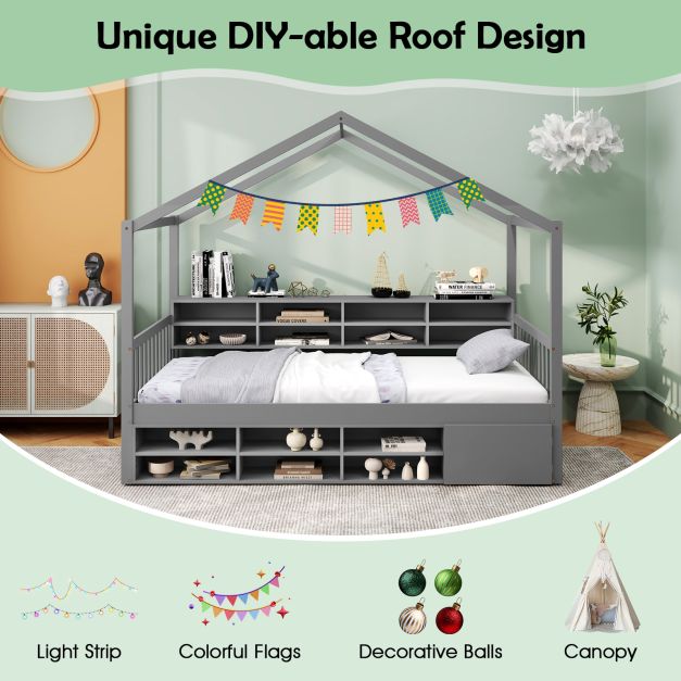 Wooden Single Size House Bed with Roof and 14 Storage Cubes-Grey