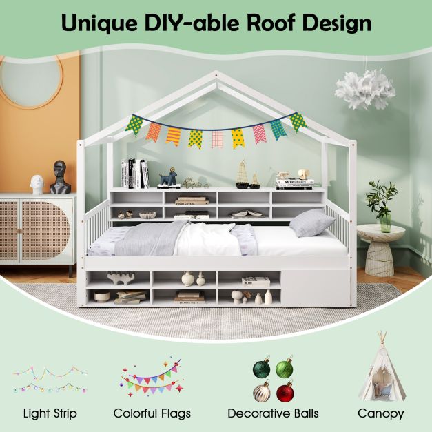 Wooden Single Size House Bed with Roof and 14 Storage Cubes-White