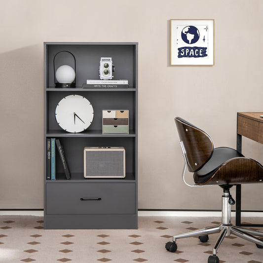 Wooden Storage Bookshelf Cabinet with 3-Tier Open Shelves and Drawer-Grey