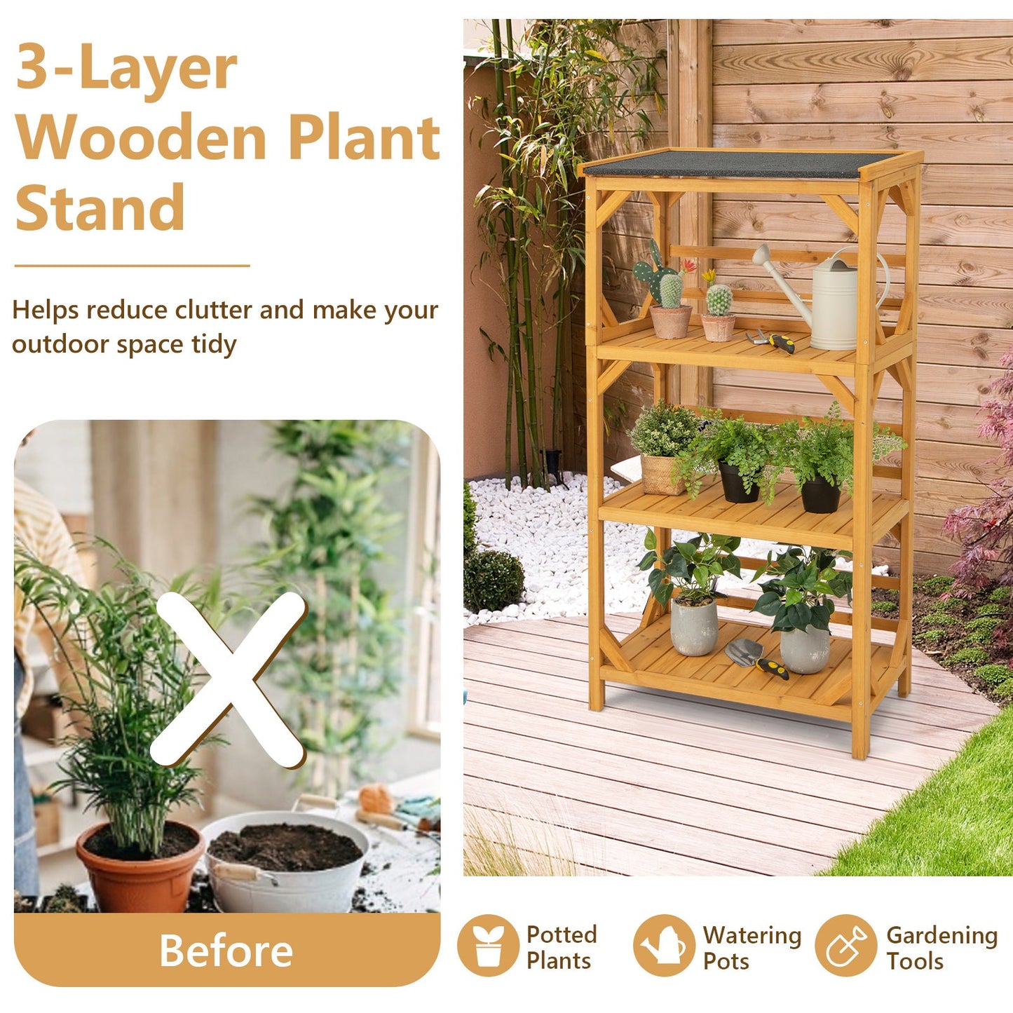 137CM 3-Tier Garden Plant Stand with Weatherproof Asphalt Roof-Natrual