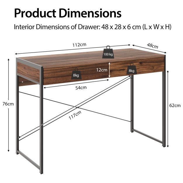 2 Drawer Desk & Sturdy Steel Frame & Reinforced Structure 112 x 48 x 76 cm