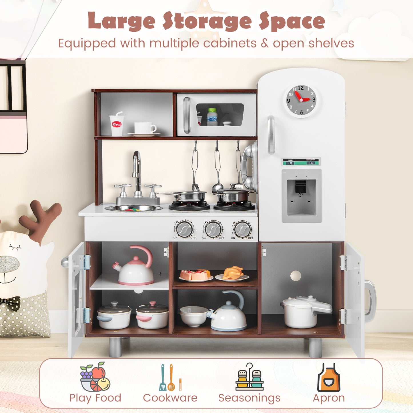 Wooden Toddler Kitchen Playset with Realistic Lights and Sounds-Brown