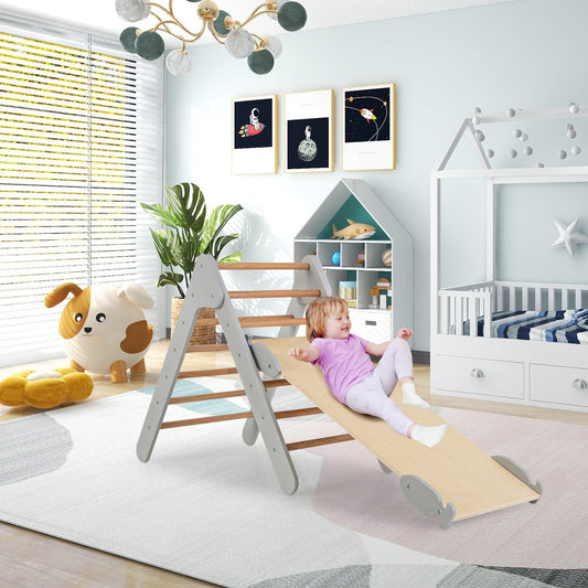 Wooden Triangle Climbing Ladder Set with 2-in-1 Reversible Ramp-Grey